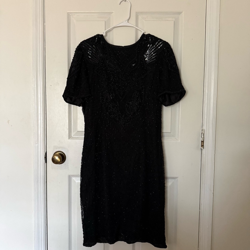 AP Ltd Elegant Black Beaded Midi Dress